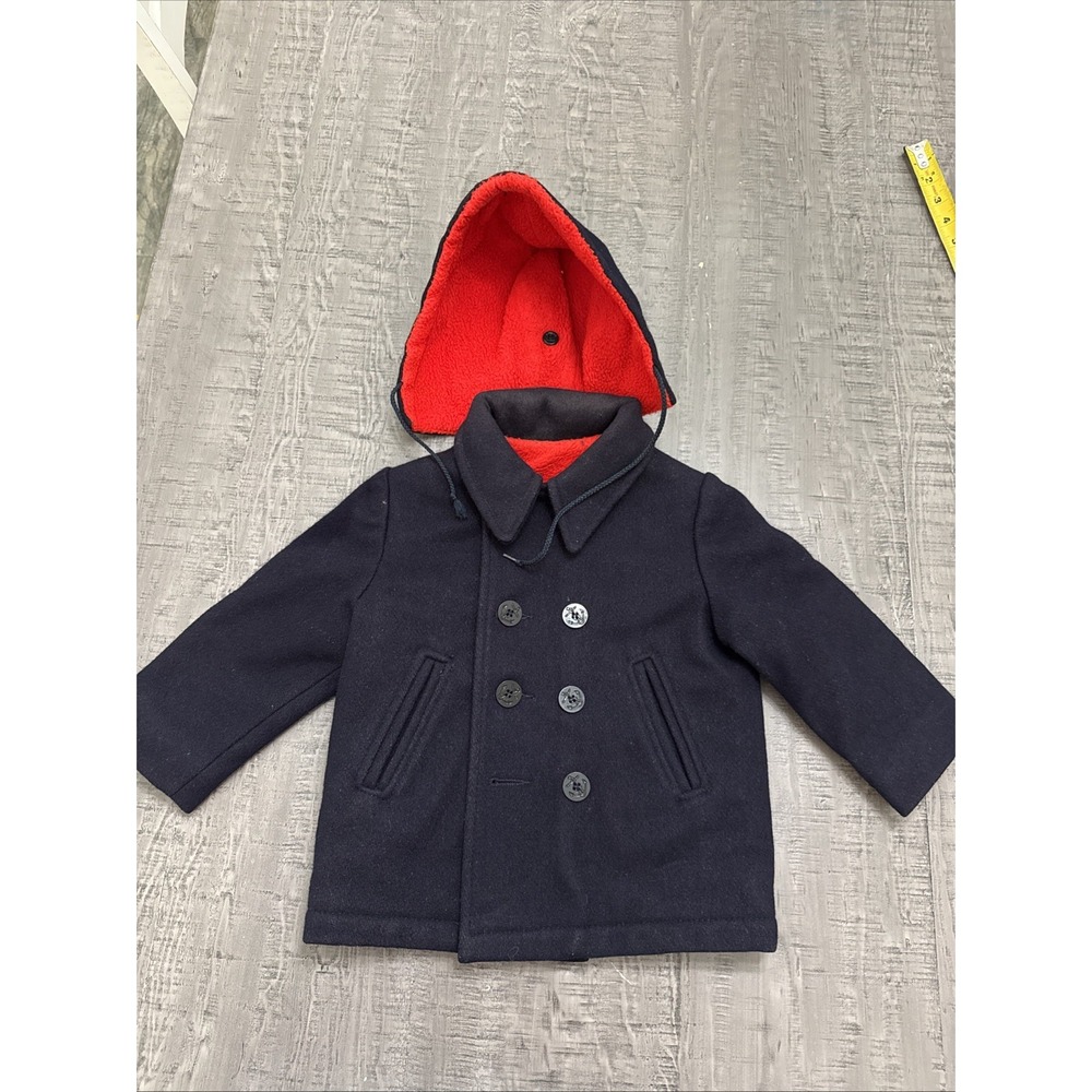 Vintage Fieldston‎ Wool Navy Lined Pea Coat Child Size 2 Union Made Unisex Hood